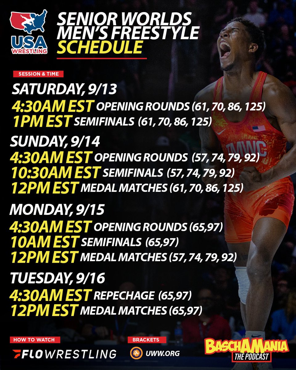 The 2025 World Championships kick off on Saturday with Men's Freestyle action; here's a look at the schedule. Live on FloWrestling. Women's action will follow, then Greco.