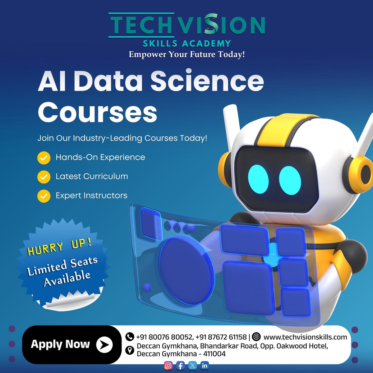 techvisionllp's tweet image. 🚀 Future belongs to those who understand DATA!
Join AI &amp;amp; Data Science Courses @ TechVision Skills Academy, Pune.
✔️ Hands-On Training
✔️ Latest Curriculum
✔️ Expert Instructors

👉 Limited Seats – Apply Now!

#AI #DataScience #Pune #TechVisionSkills #ML #DL #Analytics