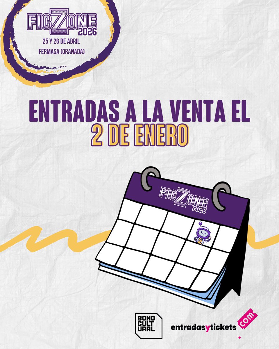 FicZone's tweet photo. ¡𝗘𝗹 𝟮 𝗗𝗘 𝗘𝗡𝗘𝗥𝗢 𝘀𝗮𝗹𝗱𝗿𝗮́𝗻 𝗮 𝗹𝗮 𝘃𝗲𝗻𝘁𝗮 𝗹𝗮𝘀 𝗲𝗻𝘁𝗿𝗮𝗱𝗮𝘀 𝗽𝗮𝗿𝗮 𝗙𝗶𝗰𝘇𝗼𝗻𝗲 𝟮𝟬𝟮𝟲! 🙌🏻

Ya podemos confirmar la fecha en la que podréis comprar vuestra entrada de la próxima edición. El año 2026 empezará fuerte. El 2 de enero saldrán a las venta las entradas de Ficzone con las que también podréis disfrutar de 𝗚𝗿𝗮𝗻𝗮𝗱𝗮 𝗚𝗮𝗺𝗶𝗻𝗴 𝘆 𝗠𝗲𝗲𝗽𝗹𝗲𝗙𝗮𝗰𝘁𝗼𝗿𝘆. 

¿Quién se viene? 

🗓️ 25 y 26 de abril de 2026
📍 en FERMASA (Granada) 
https://t.co/tW5Of8wAiI