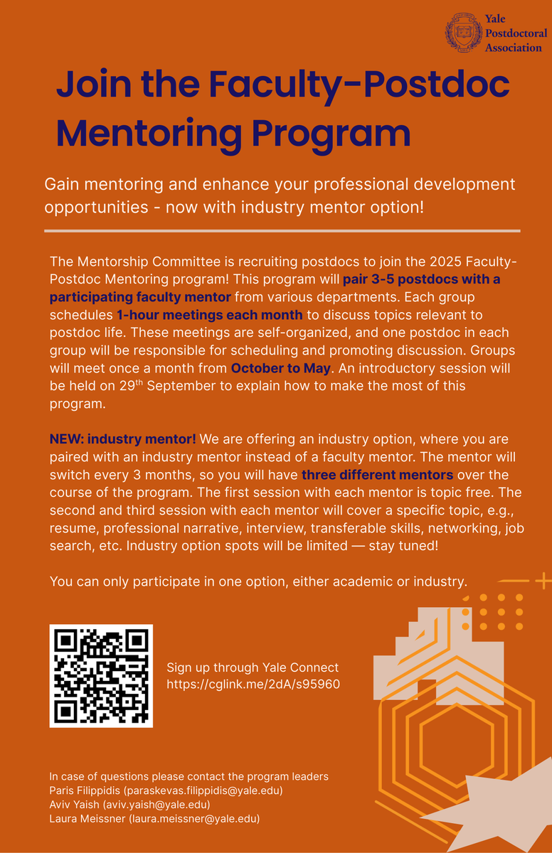 YalePostdocAsso's tweet photo. Sign up for the Faculty-Postdoc Mentoring Program! https://t.co/mdTFMxT7e3 https://t.co/Jq9iISLfCg