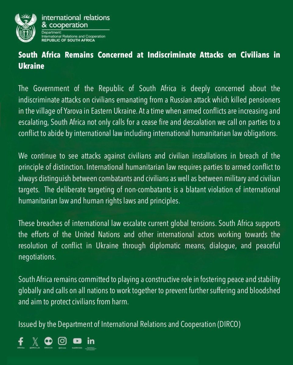 cvaranges's tweet image. A new indication of a change in tone from South Africa regarding the war in Ukraine: the Ministry of Foreign Affairs says it is "deeply concerned about the indiscriminate attacks on civilians resulting from a Russian strike" in Yarova