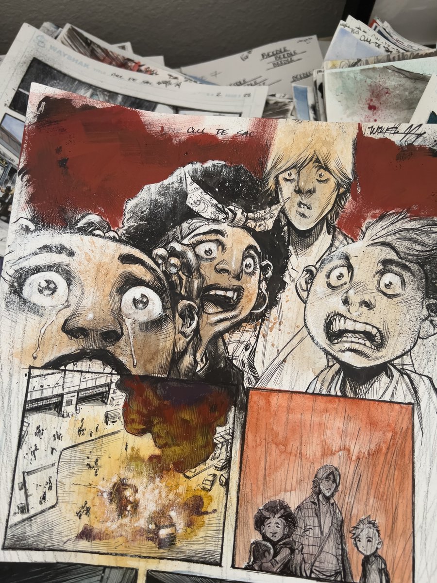 WAYSHAK's tweet image. CUL-DE-SAC #2 is in stores!!!  Demand that your local shop carry it if they are not already.  

Here&apos;s a look at some of the original artwork in it&apos;s filthy glory.

And check out @JimMahfood  to see the badass variant cover he drew for the dook.  Fucking legend.