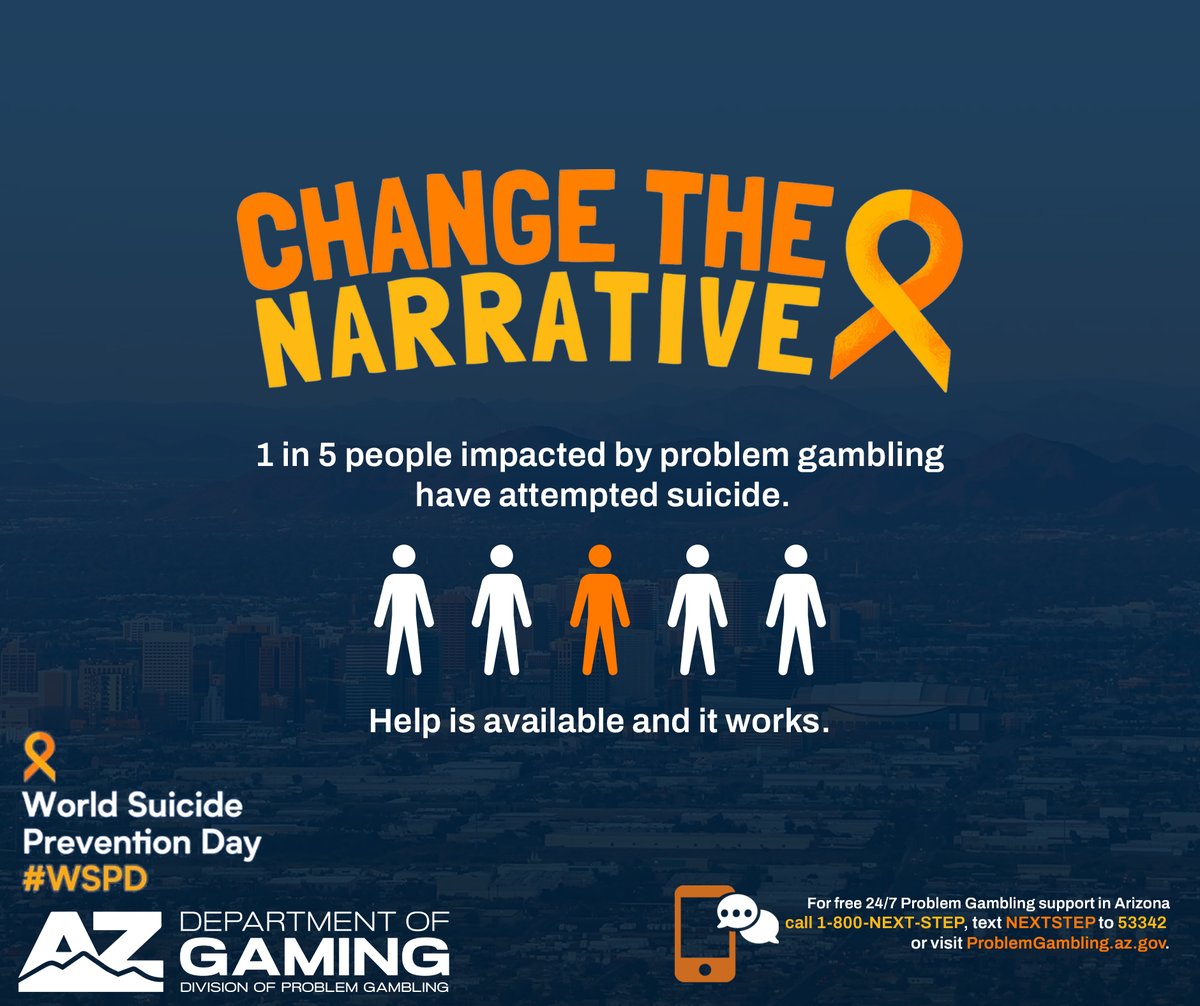 🗣️ 1 in 5 people impacted by #problemgambling have attempted suicide.

🎗️On #WorldSuicidePreventionDay, we want to help change the narrative and remind you that help is available and it works.

🫂 24/7 problem gambling resources are available at ProblemGambling.az.gov.