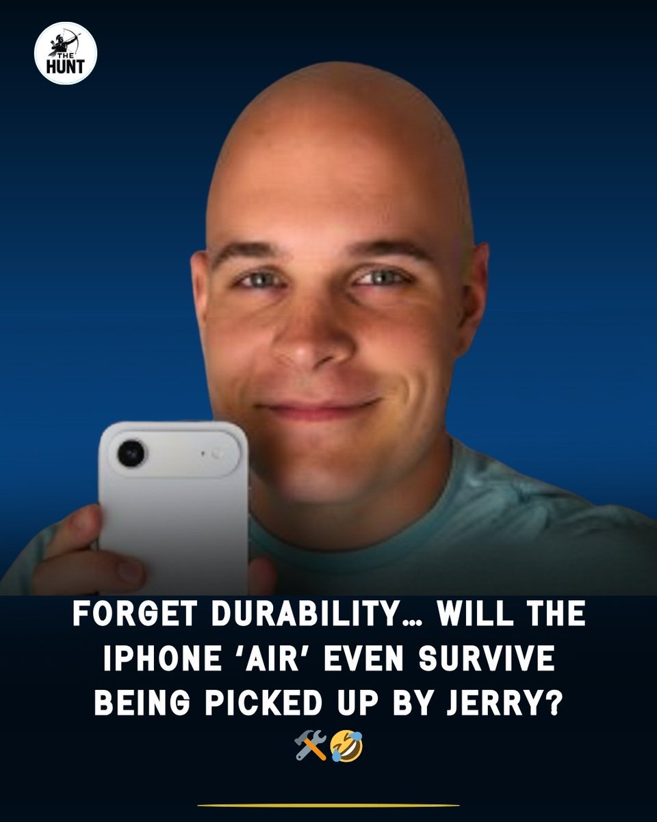The_Hunt_x's tweet image. “Apple named it iPhone Air… now we’re just waiting for @ZacksJerryRig to see if it can survive a light breeze 🌬📱😂”

#iPhoneAir #JerryRigEverything #DurabilityTest #BendGateReturns #AirOrTear #TechMemes #TechHumor #iPhone17