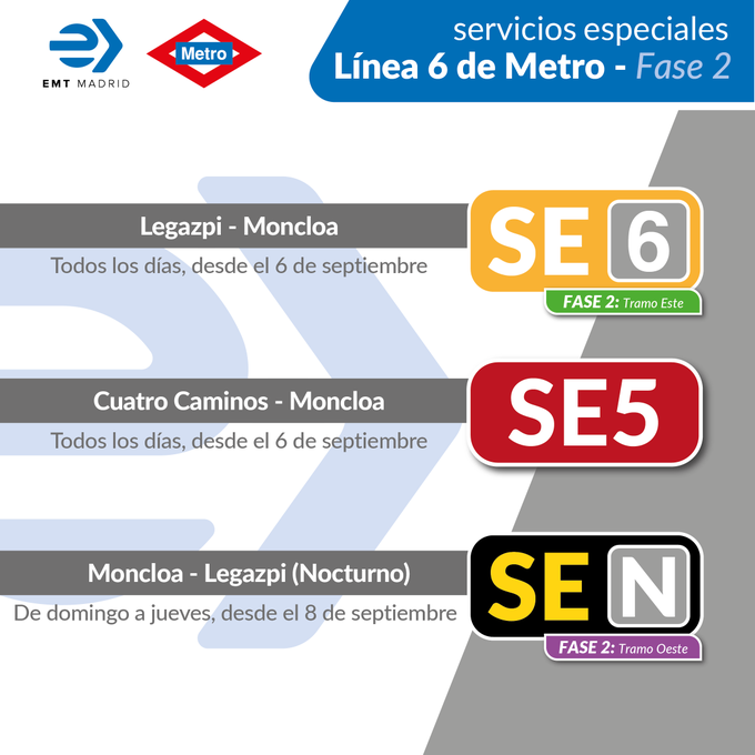 🚍Te recordamos que por las obras de la línea 6 de Metro 🚇hemos puesto en marcha a través de <a href="/EMTmadrid/">EMT Madrid</a> varios servicios sustitutorios de autobuses:

✅Legazpi-Moncloa
✅Moncloa-Legazpi
✅Lanzadera Cuatro Caminos-Moncloa 
👉informate.madrid.es/3g13i1