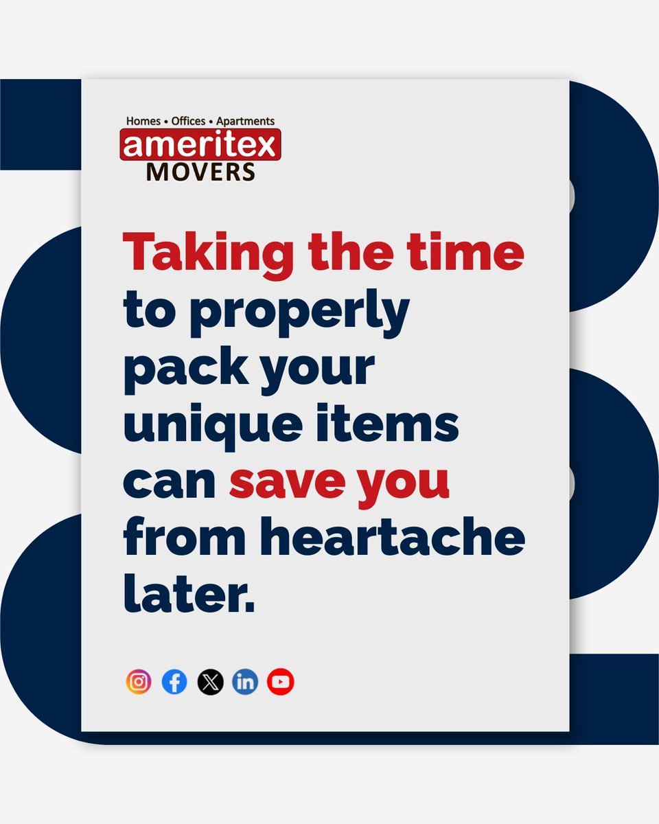 AmeritexMovers's tweet image. The right packing can save you hours of cleanup and hundreds in damage.
Our team knows how to wrap, secure, and label each item properly — especially the unique or valuable ones.
#PackingTips #HoustonMovers #ExpertMovers