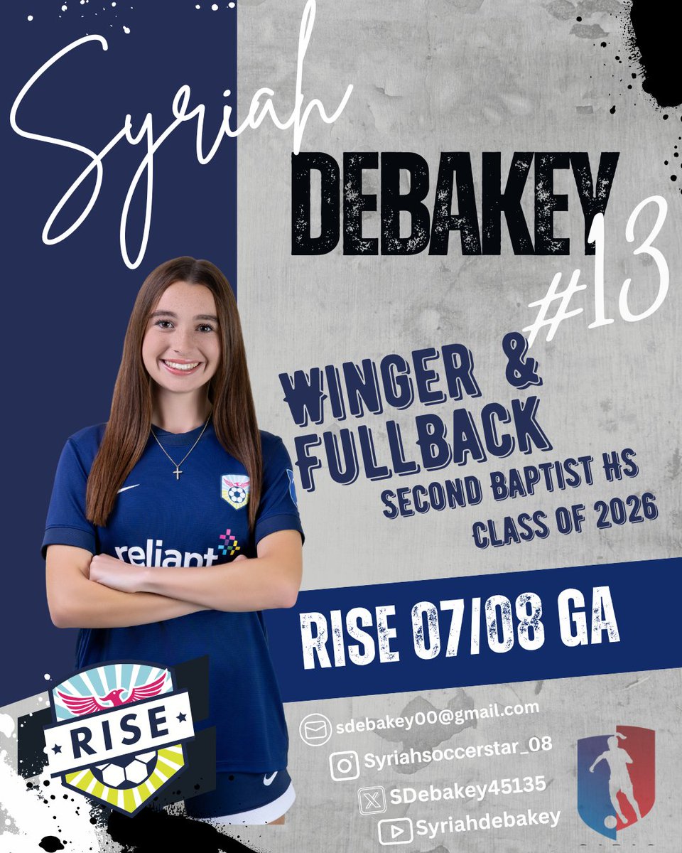 ✨✨ Meet The Team ✨✨

Name: Syriah DeBakey
Number: 13
Position: Winger / Fullback
Class: 2026
X: <a href="/SDebakey45135/">Syriah DeBakey</a> 
 
<a href="/coachkevincross/">Kevin Cross</a>
<a href="/RISEGirlsAcdmy/">RISE Girls Academy</a>
<a href="/RiseSoccerClub/">RISE Soccer Club</a> 
@imyouthsoccer 
<a href="/ImYouthSoccer/">ECNL/GA/Recruiting/College Soccer</a> 
<a href="/CollegeSoccerID/">College Soccer ID</a>
<a href="/PrepSoccer/">Prep Soccer ⚽️</a>