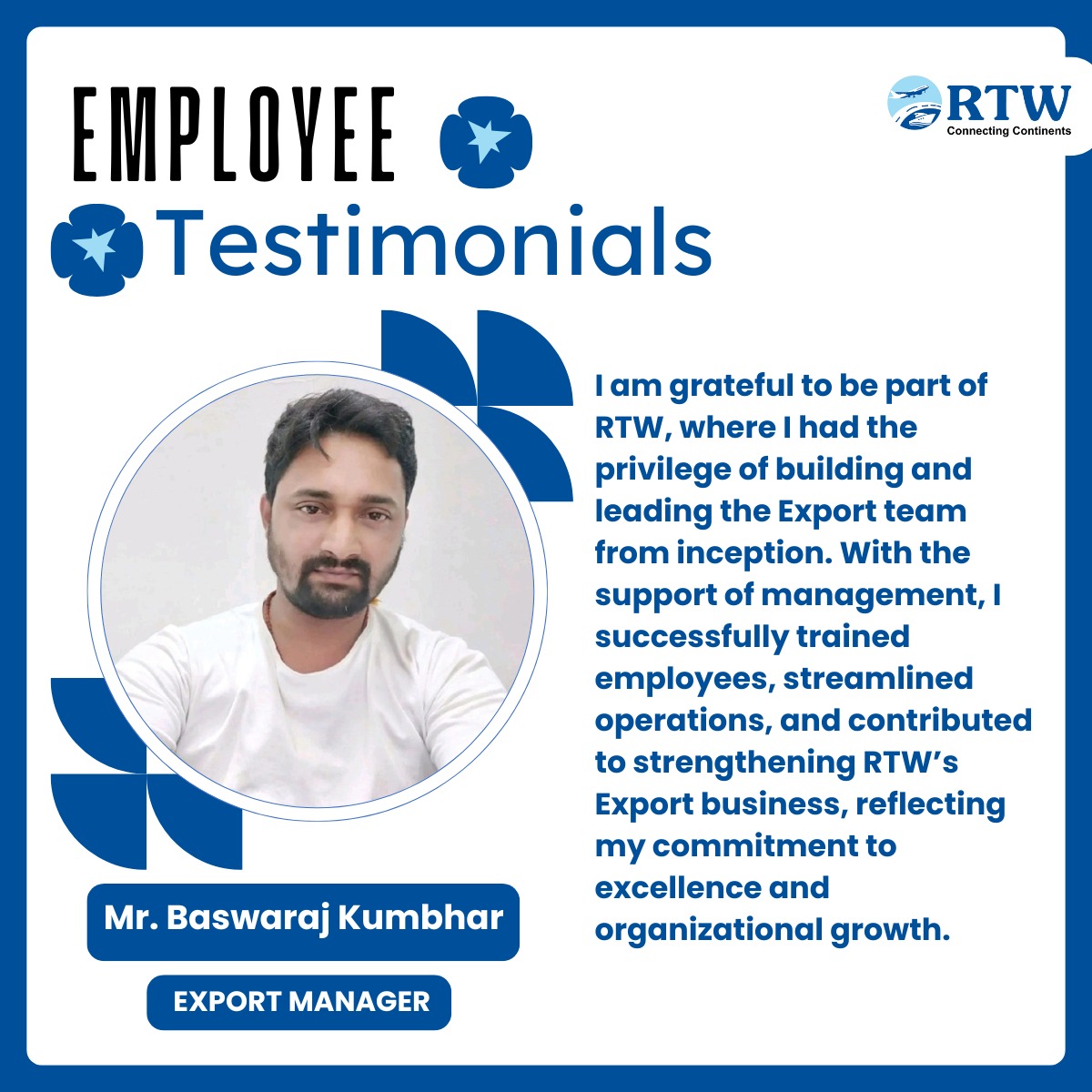 RtwLogistics's tweet image. At RTW, we believe in empowering our employees to grow, lead, and make an impact.

Mr. Baswaraj Kumbhar, our Export Manager, shares his journey of building and leading the Export team.

#EmployeeTestimonials #Leadership #ExportManager #TeamRTW #Logistics #Commitment #Inspiration