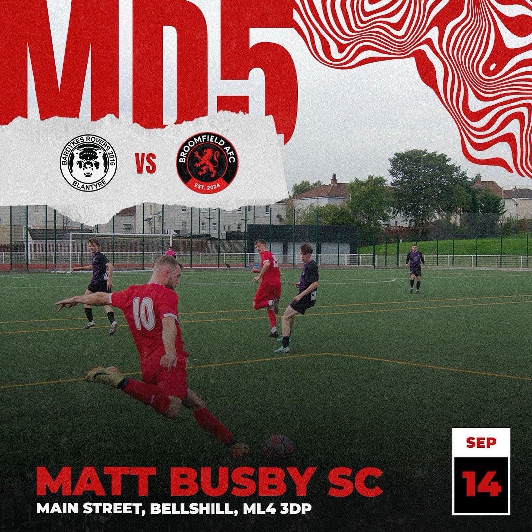 A&amp;C Premiership
Matchday 5

Bardyke Rovers vs Broomfield AFC

Sunday 14th September, 1pm ko, Matt Busby Sports Centre

Looking to bounce back &amp; get more points on the board, we eagerly invite along all support. 

MonTheBroomy⚫️🔴

<a href="/scottish_aff/">AmateurFixturesResultsSCO</a>