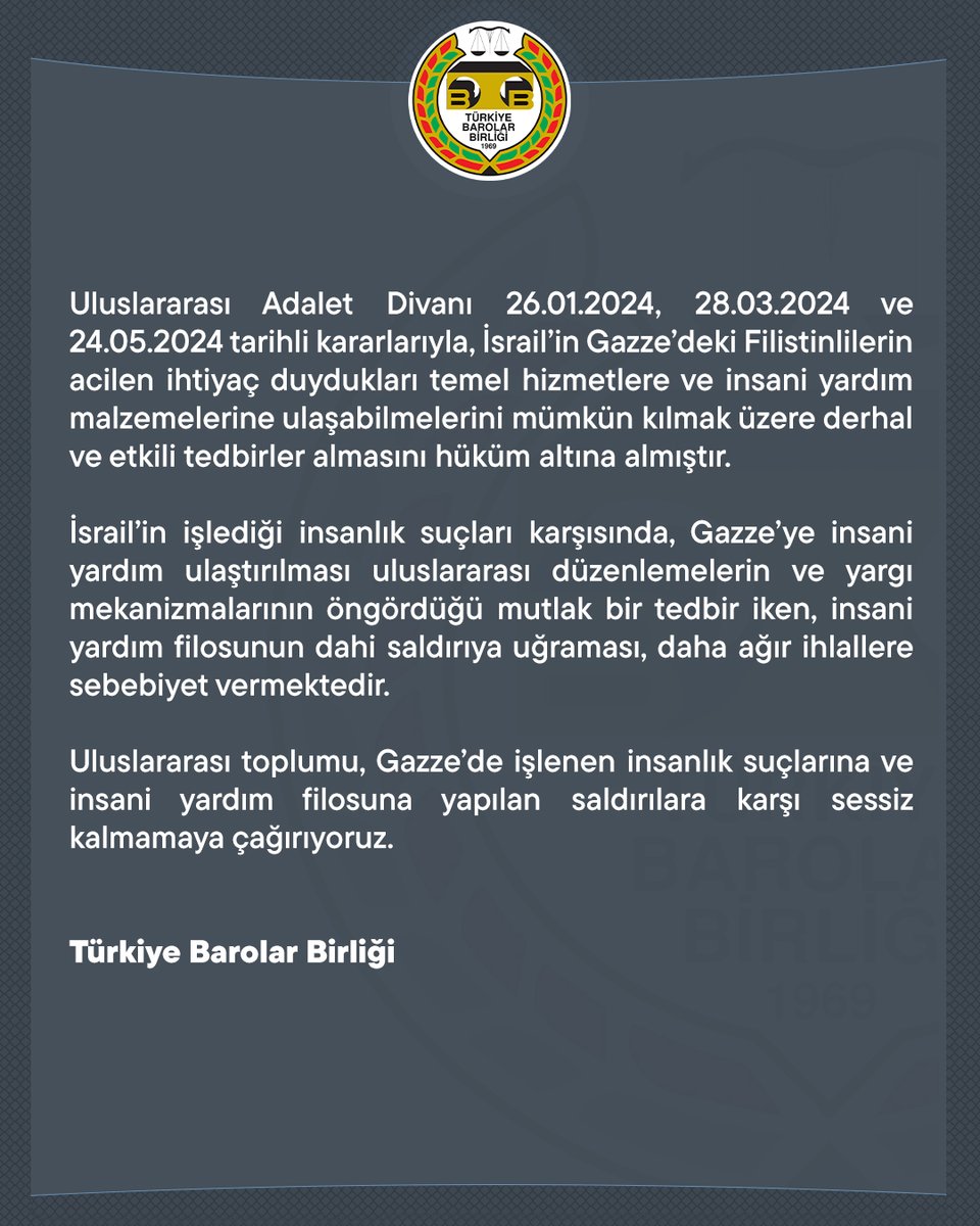 Gazze’ye İnsani Yardımın Engellenmesi Uluslararası Hukuka Aykırıdır

👉  barobirlik.org.tr/Haberler/85873