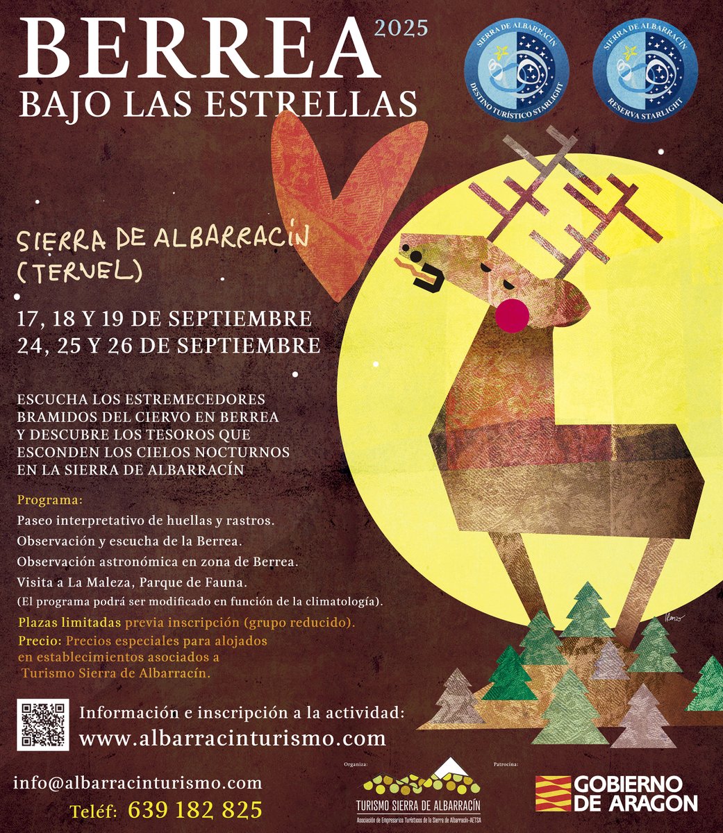 🌌🦌 La magia de la "Berrea bajo las estrellas" en la Sierra de Albarracín
Cuando llega septiembre y el aire se vuelve más fresco, los bosques despiertan con un sonido salvaje y milenario, el de los bramidos de los ciervos en celo que anuncian la berrea👇
albarracinturismo.com/eventos/activi…