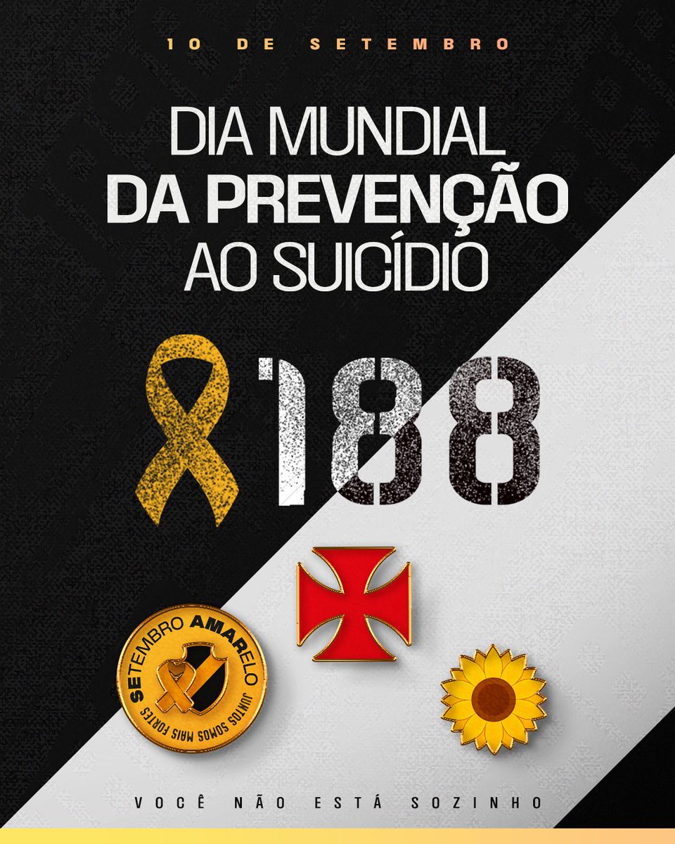 No Dia Mundial de Combate ao Suicídio, reforçamos que todas as vidas importam e que você não está sozinho, por isso, procure ajuda e cuide-se 💛

Ligue 188 para o CVV (Centro de Valorização da Vida). 

#VascoDaGama
#SetembroAmarelo