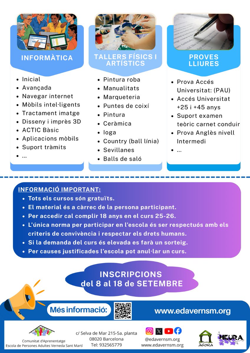 Inscripcions obertes! ✍🏻 Del 8 al 18 de setembre ⏰ De 10h a 13h i de 17h a 20h ❌ Dijous 11 i dimarts 12 escola tancada📍 C/Selva de Mar, 215, 5è Planta ☎️ 932 565 779 🤗 T'esperem!