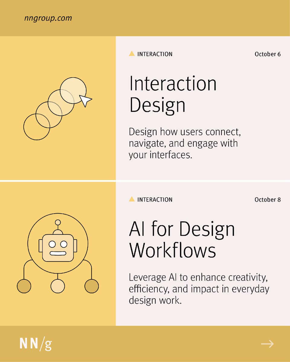 NNgroup's tweet photo. Our Oct 6 – 10 UX Courses are here! Join full-day, live courses with NN/G experts, hands-on exercises, and a path to UX Certification.
Choose from 36 courses, from UX Roadmaps to Accelerating Research with AI
Register now:
https://t.co/wiusaUoIl7
#UXDesign #NNG #UXCourses https://t.co/nMLmoZbmEm