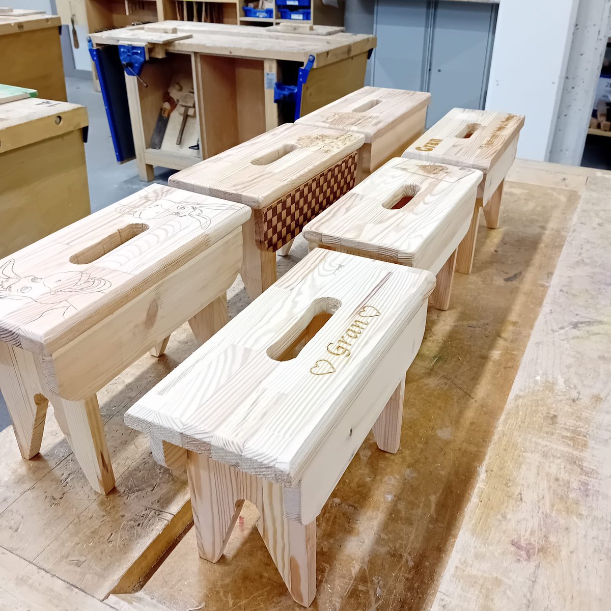 PGHSTechnology's tweet photo. S3 Craft pupils have almost completed the footstool project - a great start to the year. Personalised laser  cut tops. Brilliant work team! #quality #accuracy #craft @PortGlasgowHS https://t.co/0aNFfVSQec
