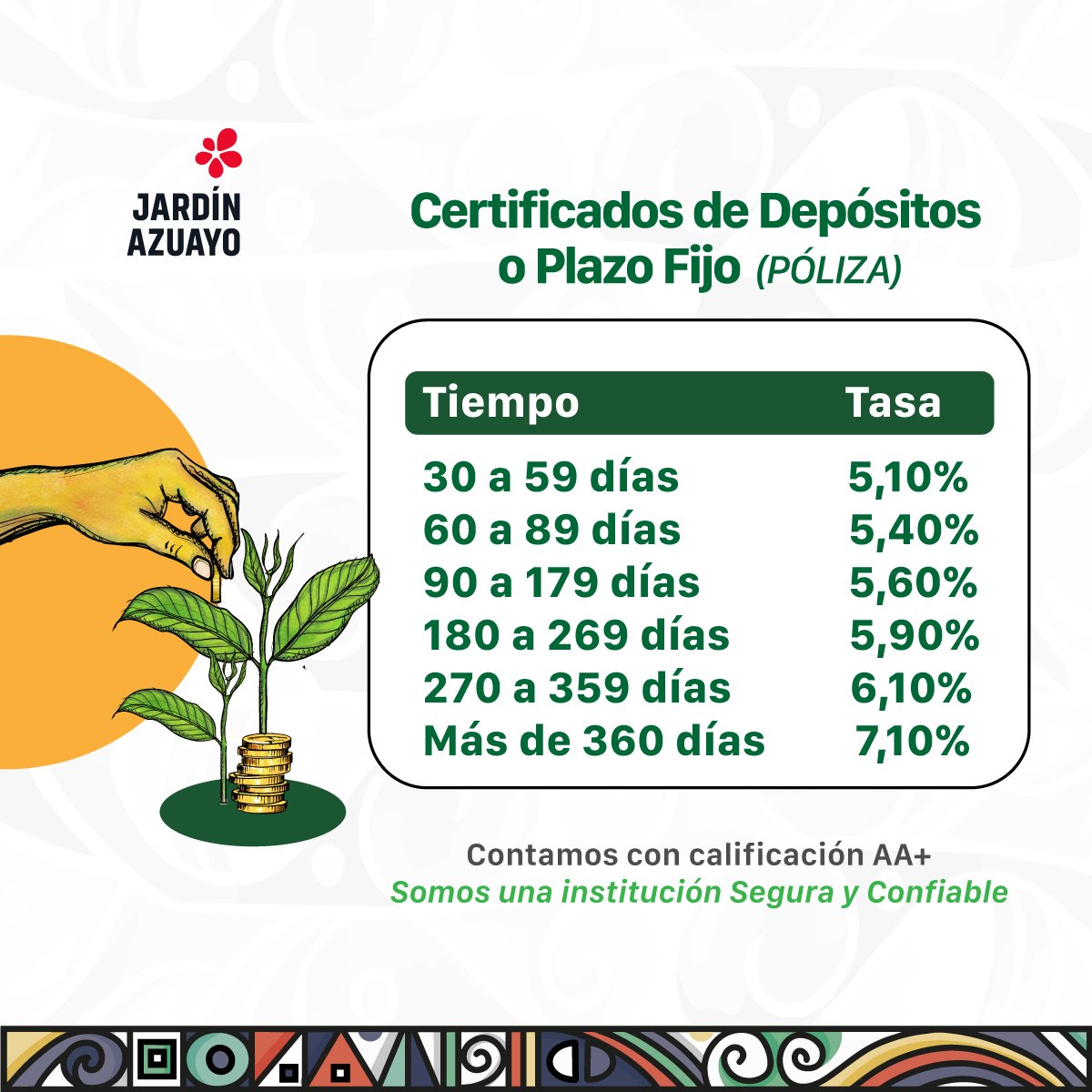 🌱Ahorrar es invertir en el futuro. 🙌

🐷 En tus depósitos a plazo fijo a mayor tiempo, mayor es la tasa de interés que recibes.
🤓Conoce los intereses que generan tus depósitos a plazo fijo. 👉 bit.ly/47DfR14