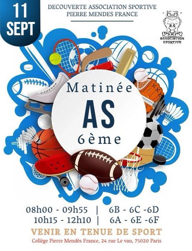 ⚽️ 🏀🏋🏼‍♀️Découverte de l’AS jeudi 11 septembre pour les élèves de 6e de 8.00 à 12.00 pour toutes les classes !

⚠️ Les emplois du temps sont modifiés !

Bonnes séances de découverte du futsal, basket, activités de pleine nature, volley et bien d’autres encore !