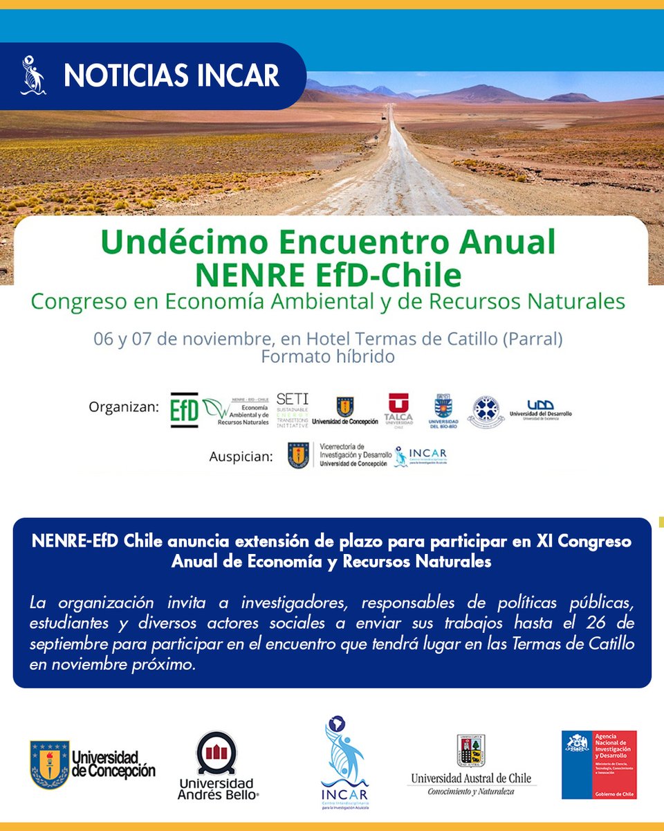 El encuentro incluirá sesiones paralelas de investigación y paneles de discusión sobre política pública.
centroincar.cl/2025/09/10/nen…
<a href="/EfD_Chile/">Economía Ambiental</a> <a href="/ANID_Chile/">Agencia Nacional de Investigación y Desarrollo</a> <a href="/udeconcepcion/">Universidad de Concepción</a> <a href="/UTalca/">Universidad de Talca</a> <a href="/ubbchile/">U. del Bío-Bío</a> <a href="/UFrontera/">UFRO</a> <a href="/UDD_cl/">UDD</a> <a href="/Ciencia_UdeC/">VRID UdeC</a> <a href="/postgradoudec/">Postgrado UdeC</a> <a href="/vrim_udec/">Vinculación con el Medio UdeC</a> <a href="/MMAChile/">Ministerio del Medio Ambiente</a>