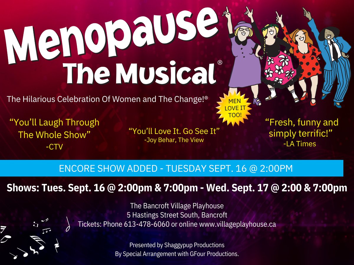 Menopause The Musical Canada is a little less than a week away and lucky you, there are still some tickets available! The response to this show was so overwhelming that we had to add not one, not two, but THREE extra performances. 
BUY YOURS TODAY: villageplayhouse.ca/menopause-the-…