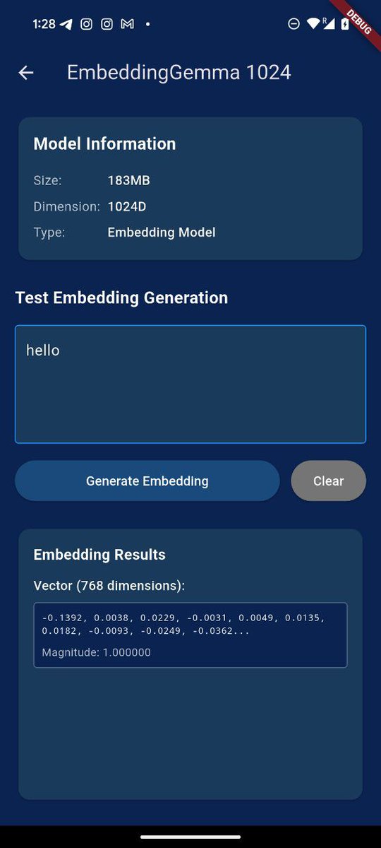 Google's EmbeddingGemma announcement was the final piece of the puzzle 🧩. I've added on-device embedding generation to the flutter_gemma plugin.

This was the last missing step for a full on-device RAG setup 🚀

So get ready for full, OOB RAG support in the next release. 👀