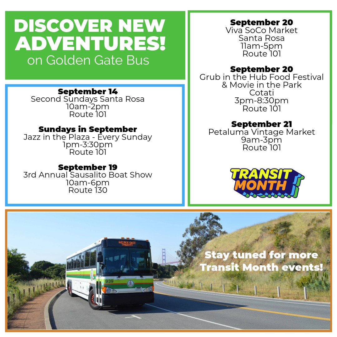 Discover new adventures on public transit!   This September, there are several community events, local ride challenges (win prizes!), and ways to get involved. We've compiled a list especially for our customers to enjoy. ow.ly/4yyE50WUKPe

#TransitMonth 🌉🚌⛴️🚲