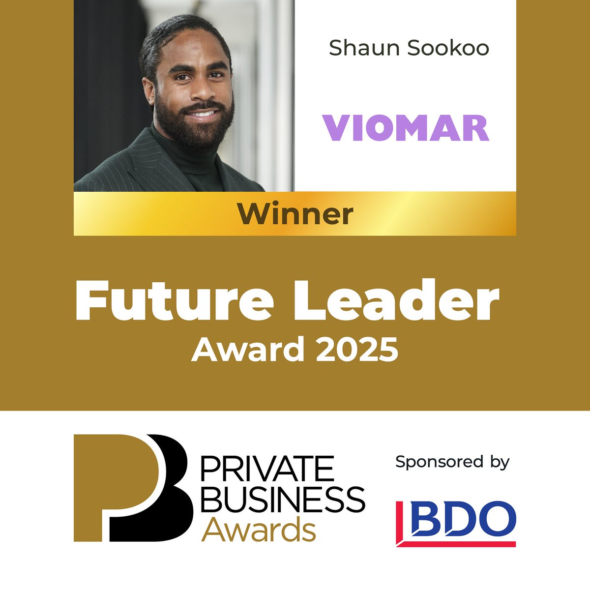 PBA_Awards's tweet photo. Huge congratulations to the winner of tonight's Future Leader Award, sponsored by @Beauhurst  - well done Shaun Sookoo at Viomar Holdings on this well deserved win! #celebratepba #privatebusinessawards https://t.co/j3AFAGf748