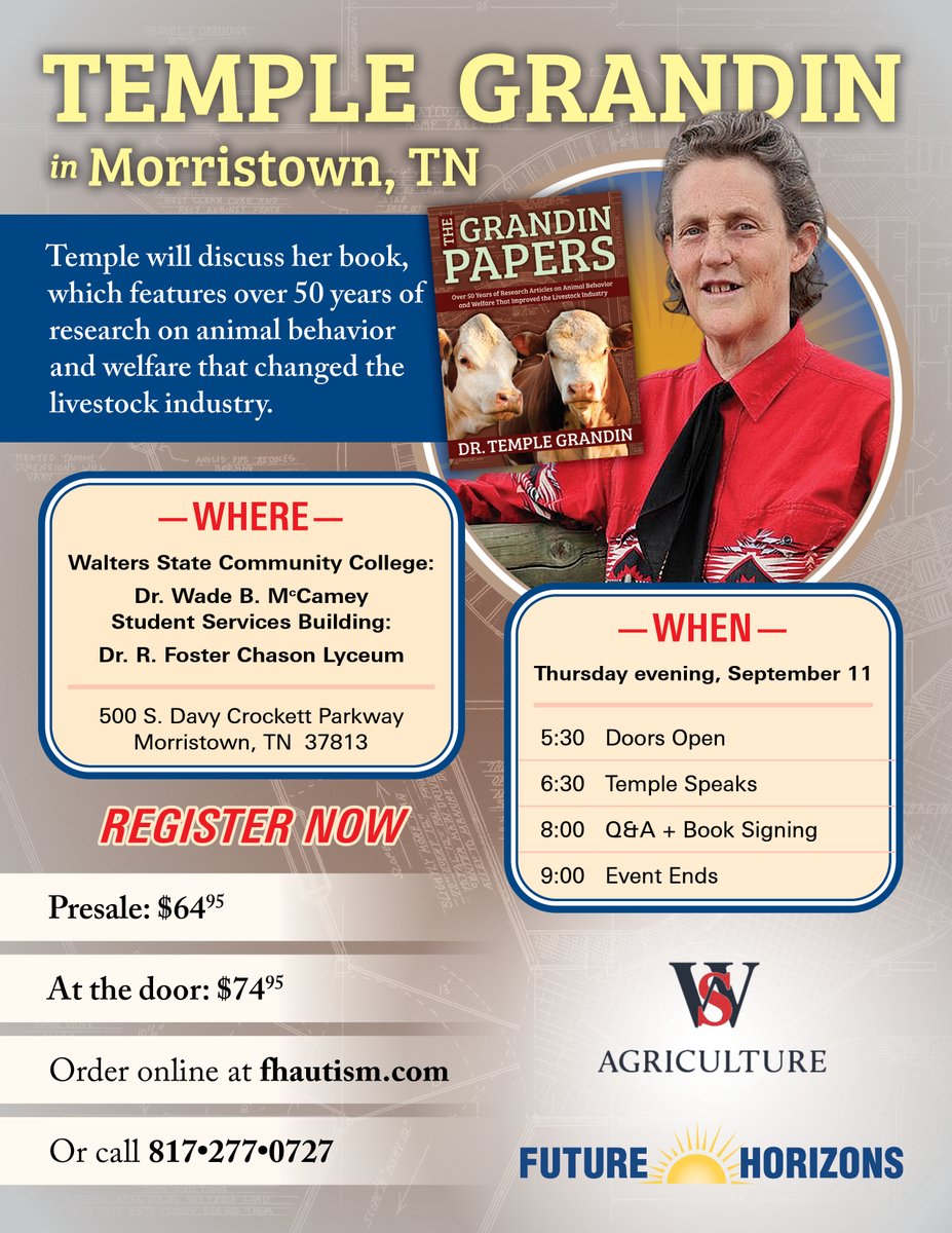 LAST CHANCE! Meet Dr. Temple Grandin in Morristown, TX! Temple Grandin, a pioneer in understanding animal behavior, shares 50+ years of insight in her conference based on The Grandin Papers—all about animals! tinyurl.com/uv82krys