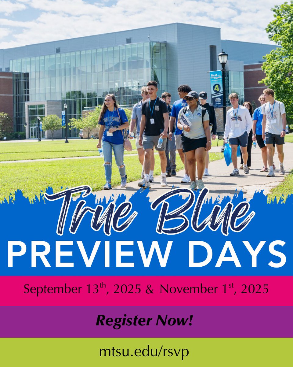 Join us at one of our preview days this upcoming semester for a peek at what it means to be True Blue!⚡️💙 Visit mtsu.edu/rsvp to secure your stop today🤩