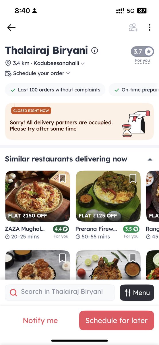 gbhasha's tweet photo. @zomatocare I am gold customer. When I try to order dinner from thalairaj briyani restaurant from kadubiseenahalli, it was not available for me but at the same time I tried from my wife mobile (non gold customer) i can able to place the order. What went wrong here… https://t.co/ig7Y5sfmv3