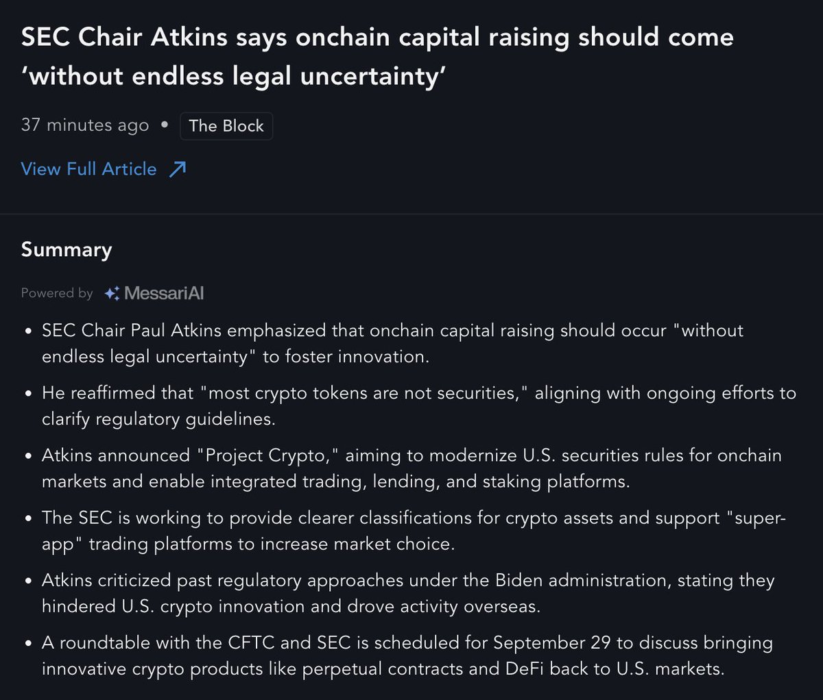 SEC Chair Atkins says onchain capital raising should come ‘without endless legal uncertainty’
