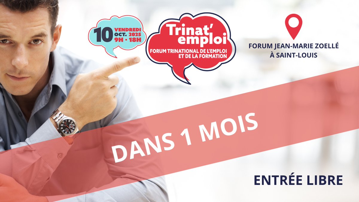 ⏳ J-30 !
Le 10 octobre, ne manquez pas <a href="/TrinatEmploi/">Trinat'emploi</a> 2025 au Forum Jean-Marie Zoellé (Saint-Louis).
✅ Offres d’emploi
✅ Formations
✅ Création d'entreprise
✅ Ateliers gratuits

👉 Programme : trinatemploi.fr
#TrinatEmploi #emploi #formation #creationentreprise