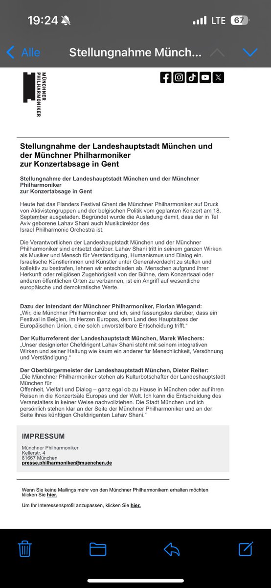 Dass Lahav Shani als israelischer Künstler unter Generalverdacht gestellt und mitsamt seinem Orchester einer kollektiven Bestrafung unterworfen wird, ist ein unerträglicher Schritt der Belgier und ein erschütternder Skandal. Und ehrlich gesagt: purer Antisemitismus. 
Europa 2025.