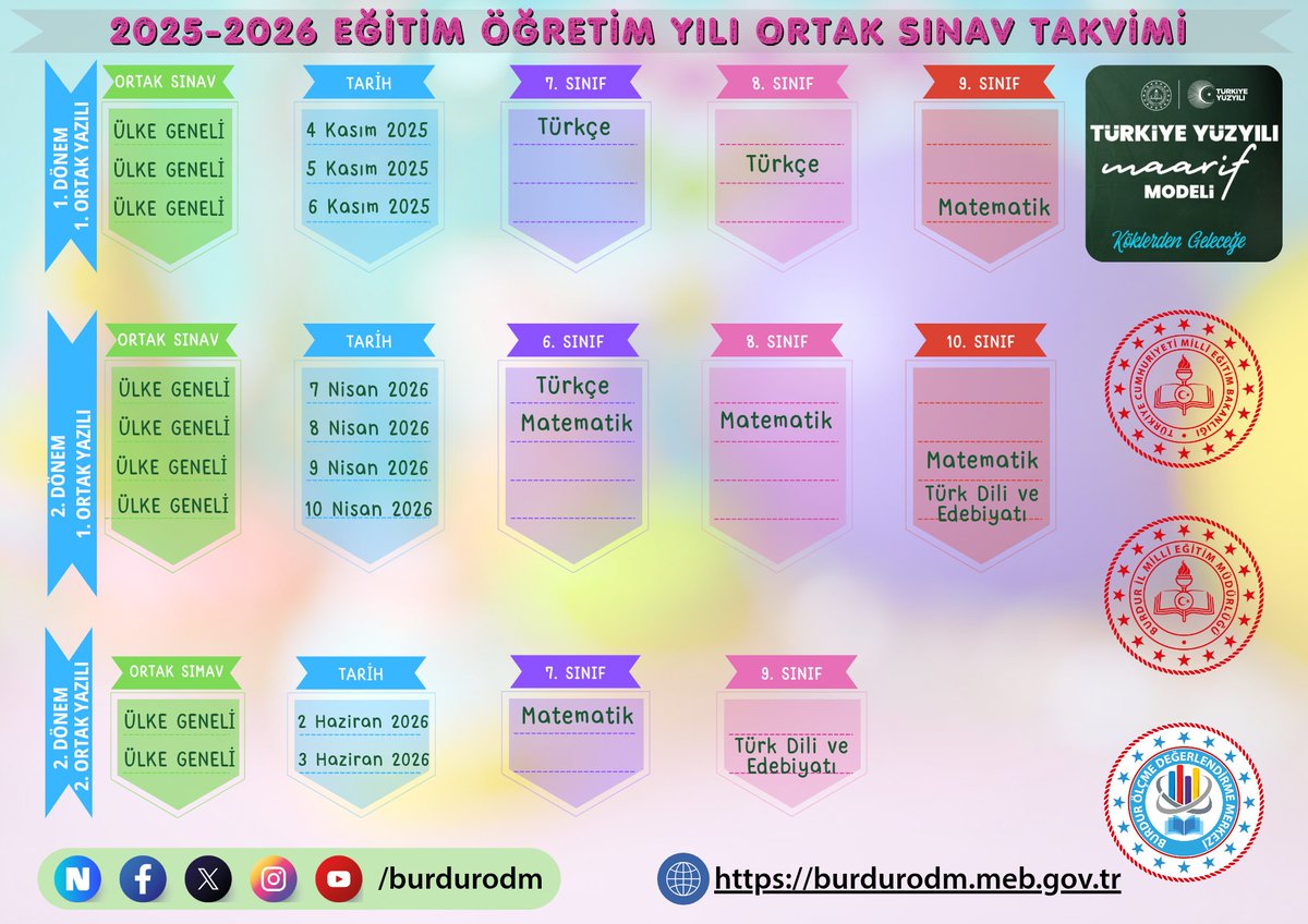 2025-2026 eğitim öğretim yılında bakanlığımızca  uygulanacak olan ortak sınav tarihleri yayınlanmıştır.
<a href="/Ziynuleb/">Kemal bülbül</a> <a href="/BurdurilMEM/">Burdur İl Milli Eğitim Müdürlüğü</a>  <a href="/Muhammed0744/">Muhammed ÖZDEMİRCİ</a>