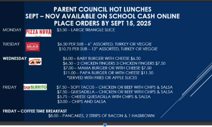 HOFAM_DPCDSB's tweet image. CSC Hot lunches are back!  Orders being accepted through cash online. Deadline for orders is Sept. 15, 2025.