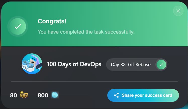 jidefal's tweet image. Day 32 of #100DaysOfDevOps by @KodeKloudHQ - Git Rebase
Today's task is updating the feature branch with the changes from the master branch while preserving all data in the feature branch and avoiding the creation of a merge commit.
#Git