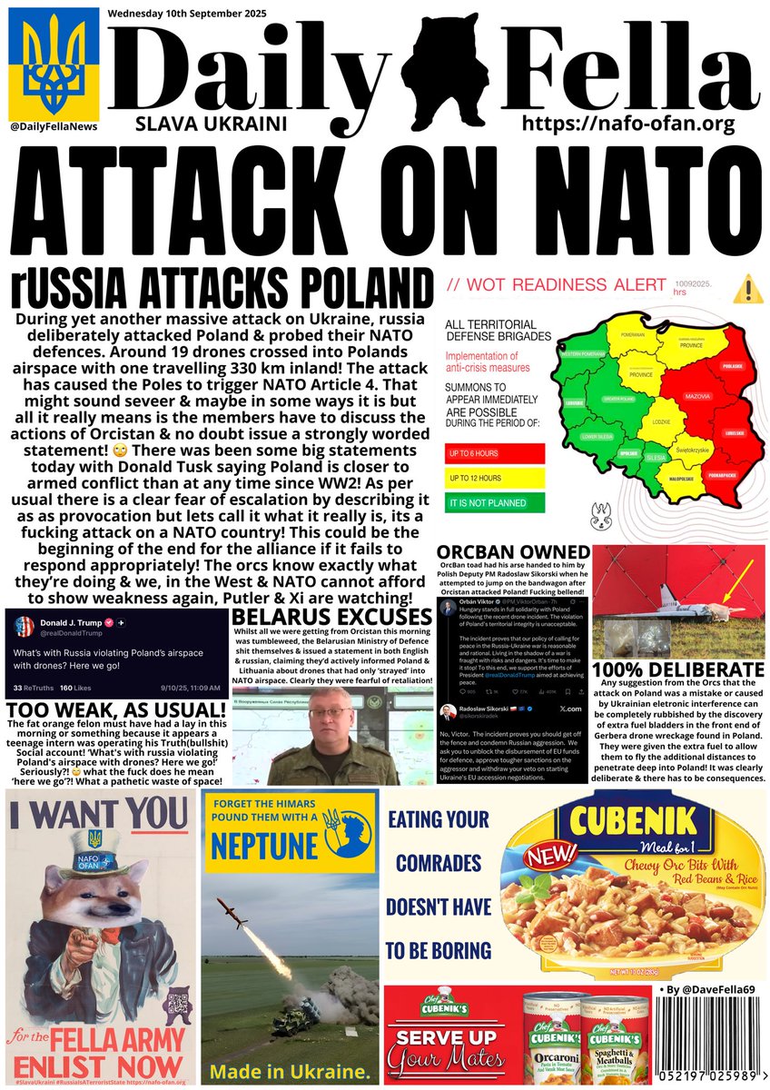 It’s time for your Daily Fella. Read about russia’s deliberate attack on a NATO country, tRump’s too weak as usual &amp; Orban gets owned by Polish Deputy PM. 

#DailyFella #DailyFellaNews #SlavaUkraini #NAFO