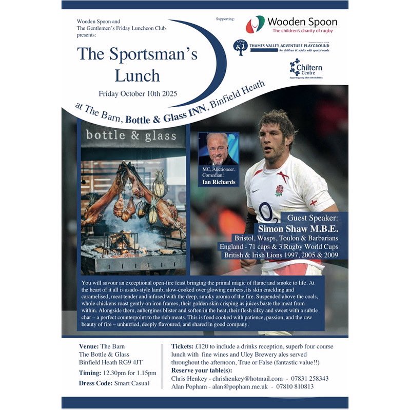spoon_chilterns's tweet image. One month to go…

Join us for The Sportsman’s Lunch with Simon Shaw and Ian Richards!

Come prepared to hear some great stories from a true legend, whilst also supporting some meaningful causes🦁