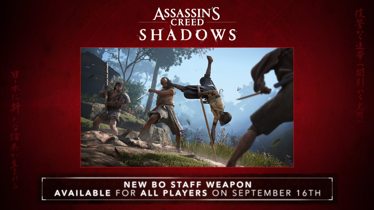 To celebrate the release of Claws of Awaji next week, the Bo staff will be available to all #AssassinsCreedShadows players starting September 16th!

Experience Naoe’s most agile weapon yet and master its speed and precision. ⚔️