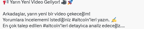 🎬 Yeni videom yayında 🚀🚀🚀

Bu bölümde sizlerden gelen istekleri dikkate alarak farklı #altcoin analizlerine yer verdim. Ayrıca içlerinden birini seçerek, %100’lük yükseliş potansiyeli barındıran özel bir ürünü detaylıca inceledim. 🔥

Hem teknik seviyeler hem de stratejik