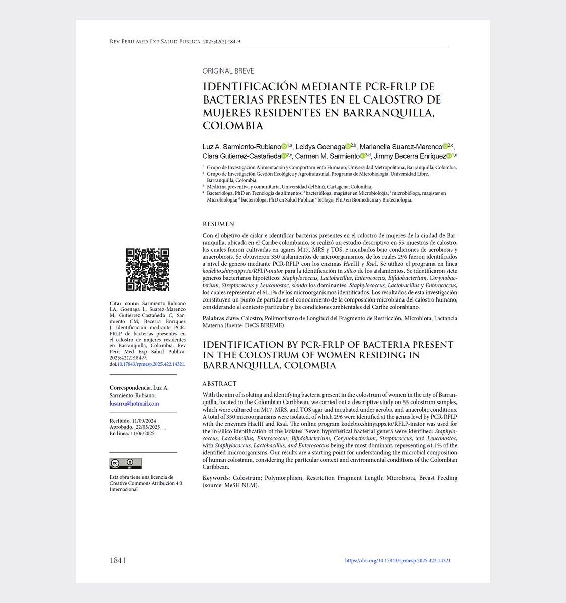 🤱Conocer la microbiota presente en el calostro permite comprender su contribución a la salud del lactante y desarrollar estrategias para potenciar el impacto beneficioso de estos microorganismos en su desarrollo.
✅doi.org/10.17843/rpmes…
#calostro #microbiota #LactanciaMaterna