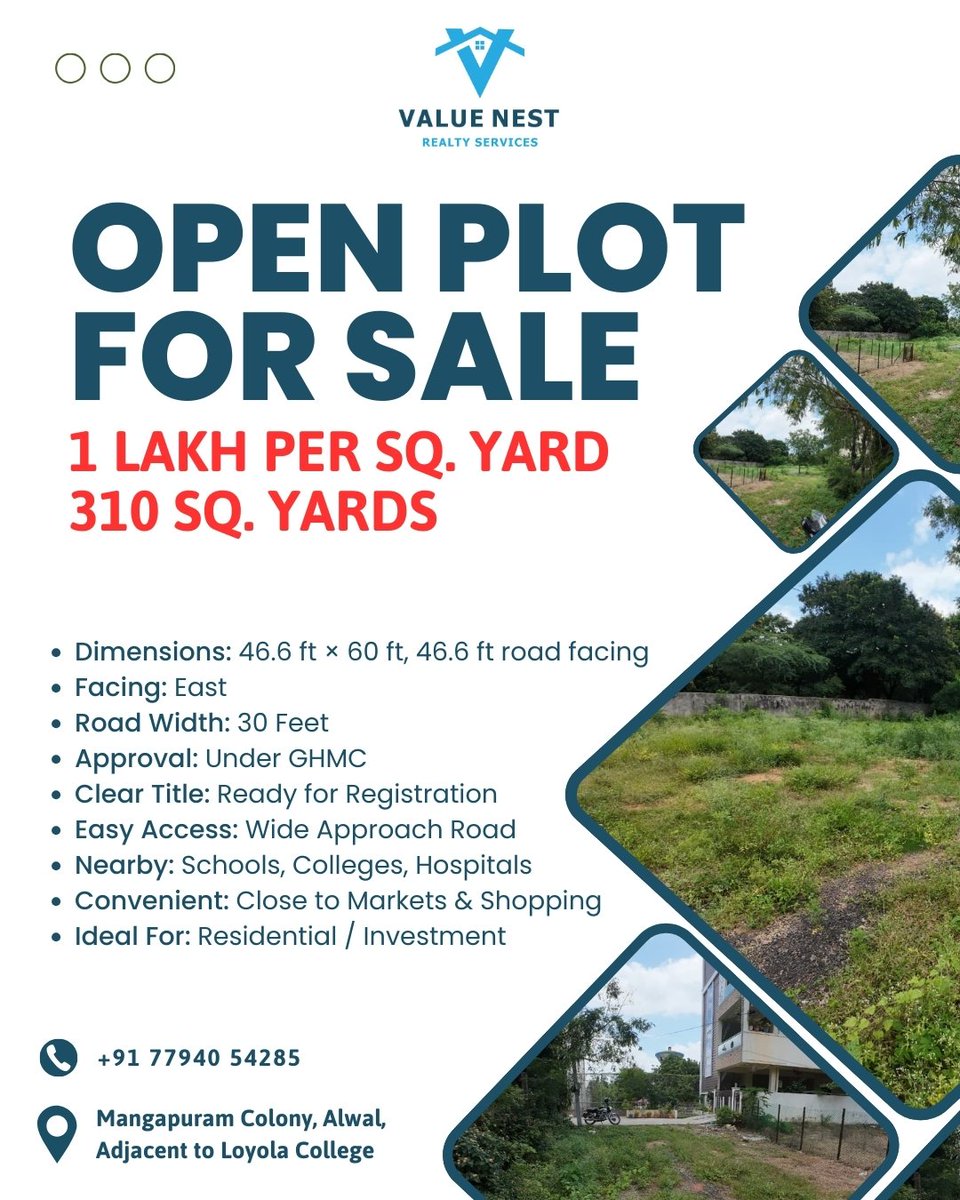 valuenestrealty's tweet image. 💥 Rare Chance! Premium East-Facing Open Plot in Alwal 🚀 Perfect for Dream Home or Investment 🏡📈 Don’t Miss Out – Limited Availability!

#OpenPlotForSale #HyderabadRealEstate #AlwalProperty #InvestInLand #DreamHomePlot #HyderabadInvestments #ValueNestRealty #PropertyForSale