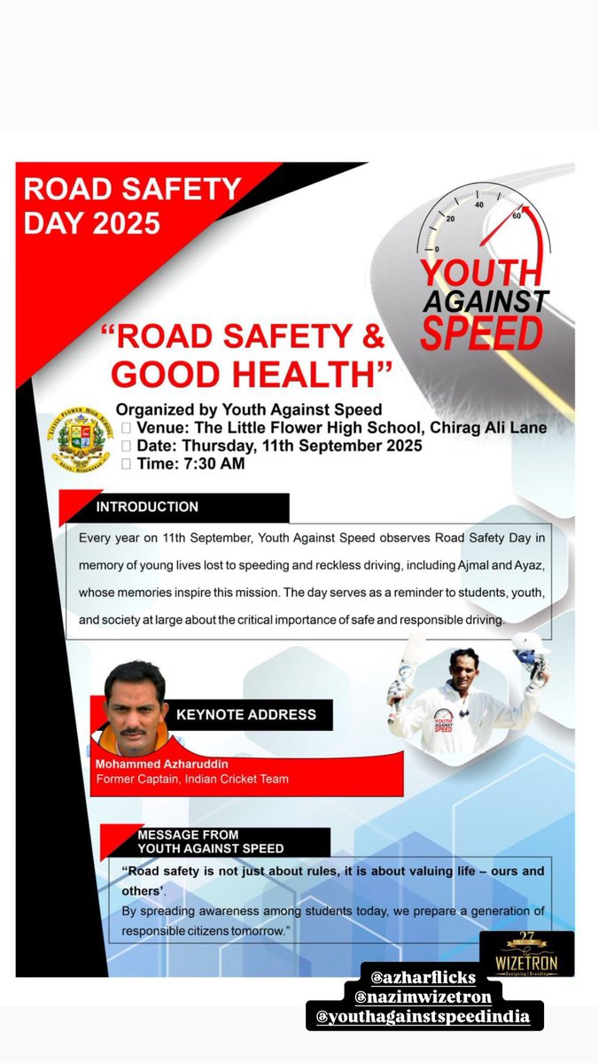 UthAgainstSpeed's tweet photo. On Sept 11, we observe Road Safety Day in memory of Ajmal &amp; Ayaz, and all accident victims.
📍 Little Flower High School, Abid’s
🎙️ Talks by Dr. Nida Fatima Hazari, Shri Ajay Mishra IAS, Dr. Ashish Chauhan &amp; Shri @azharflicks .
Theme: Road Safety &amp; Health 🚦💚

#RoadSafetyDay https://t.co/uHfLaarnk7