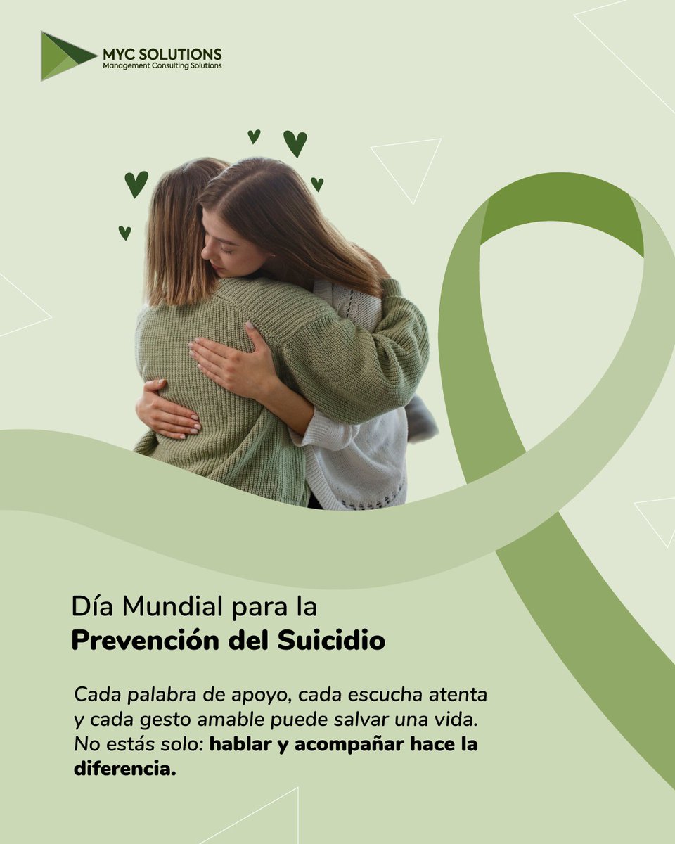 MYCSOLUTIONS22's tweet photo. 💚 Hoy, en el Día Mundial para la Prevención del Suicidio, recordamos que cada palabra, cada escucha y cada gesto amable pueden salvar una vida.

No estás solo. Hablar y acompañar hace la diferencia. ✨

#PrevenciónDelSuicidio #BienestarEmocional #EscuchaActiva #NoEstásSolo https://t.co/FHhmR022DI