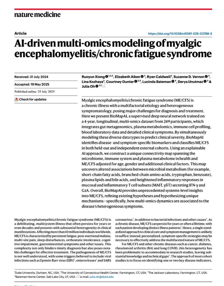 I am pleased to mention that our AI-driven multi-omics ME/CFS paper is now freely available in full text on PubMed. All data have also been deposited on GitHub.

pmc.ncbi.nlm.nih.gov/articles/PMC12…
