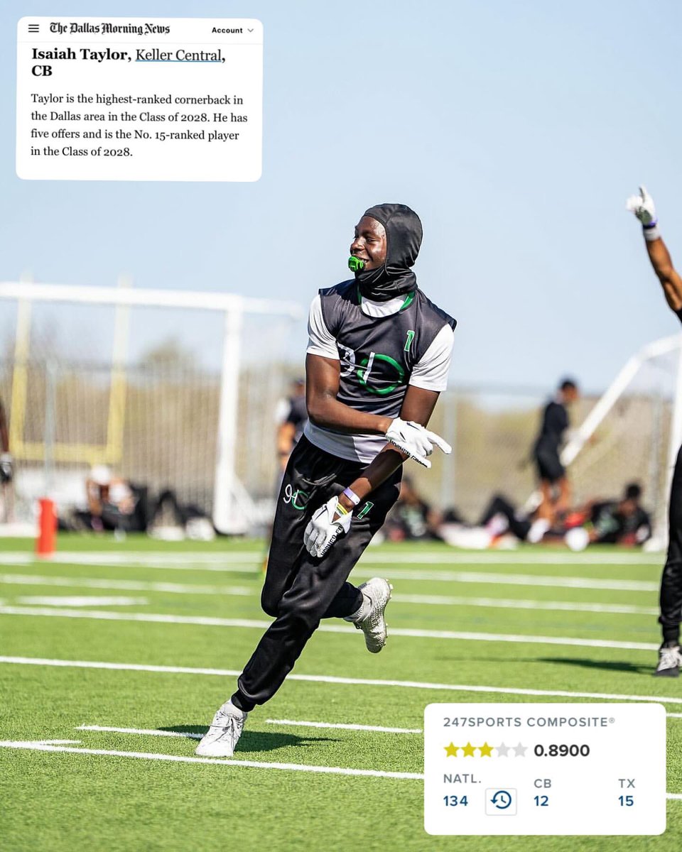 940 Elite (@940elite) on Twitter photo Elite CB, <a href="/IsaiahTaylor00/">IsaiahTaylor2028</a>, was featured in the <a href="/dallasnews/">Dallas Morning News</a> for being recognized as one of the Dallas area’s premier recruits. He is the highest ranked corner in Dallas, the 12th in the country, and debuted at 135 nationally on the @247sports Top 250. Buy stock now 📈 Elite CB, <a href="/IsaiahTaylor00/">IsaiahTaylor2028</a>, was featured in the <a href="/dallasnews/">Dallas Morning News</a> for being recognized as one of the Dallas area’s premier recruits. He is the highest ranked corner in Dallas, the 12th in the country, and debuted at 135 nationally on the @247sports Top 250. Buy stock now 📈