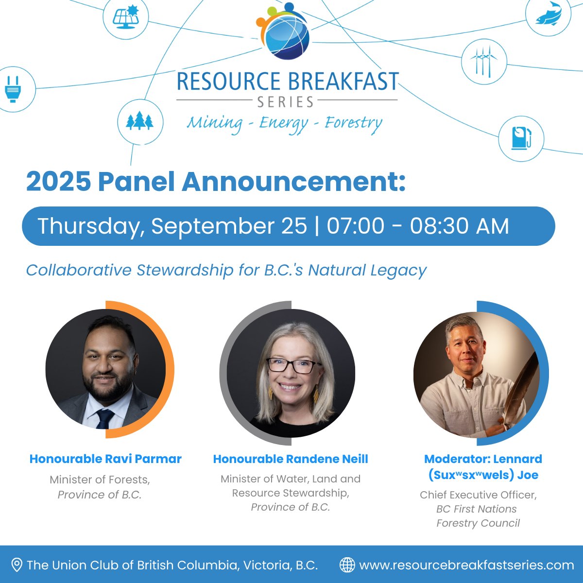 ResourceSeries's tweet photo. Closing out the Resource Breakfast Series, we will be bringing together provincial leaders to discuss:

“Collaborative Stewardship for B.C.’s Natural Legacy”

📅 Thursday, September 25
🕖 7:00 – 8:30 AM
📍 The Union Club of British Columbia, Victoria, B.C. https://t.co/YRekpbfdJX
