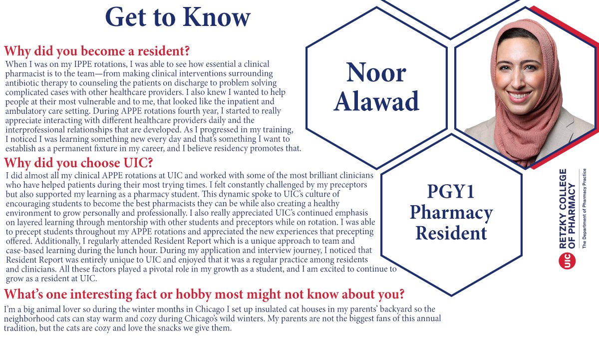 Get to know our resident, Dr. Noor Alawad!

She received her PharmD from the University of Illinois Chicago and has joined our PGY1 Pharmacy Residency Program.

#MeetOurResident #PharmacyResidency #ResidentSpotlight