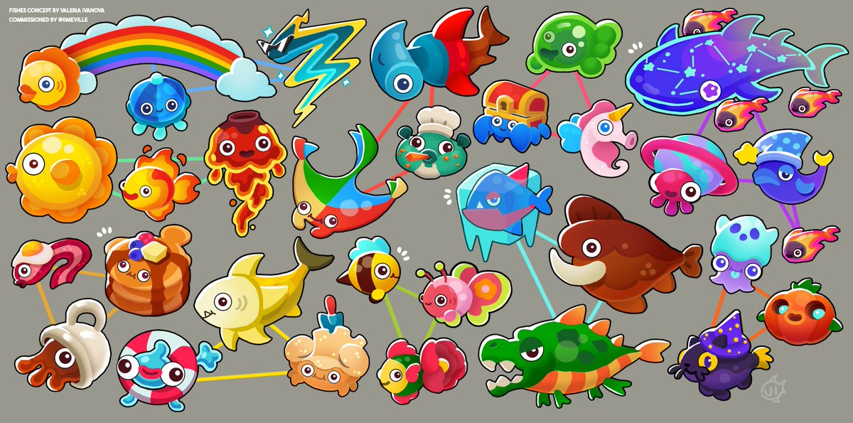 compilation of fishes for <a href="/DMeville/">Dylan Meville</a> fishing game!!🌈🐟 aren't they cute? 🫶 #gamedev #indiedev #conceptart