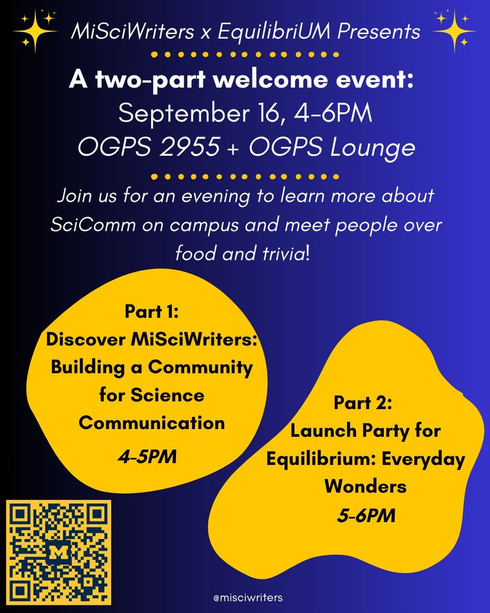 MiSciWriters's tweet photo. Join MiSciWriters on September 16th starting 4pm in OGPS 2955 to learn more about the club and the SciComm opportunities available! Stay until 5pm for the launch of EquilibriUM's 4th edition of the magazine - snacks and refreshments will be provided! 
https://t.co/GhbTV96OGp https://t.co/kgQrpVUc7Z
