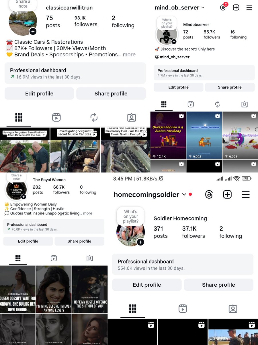 Raw_Mode0's tweet image. Selling 4 Premium Accounts with engaged audiences:

🔹 ClassicCarWillItRun – 93K followers
🔹 Mind_Ob_Server – 55.7K followers
🔹 The Royal Women – 66.7K followers
🔹 Homecoming Soldier – 37.1K followers
💼 Serious buyers only – DM for details!

#AccountForSale #instagramforssale